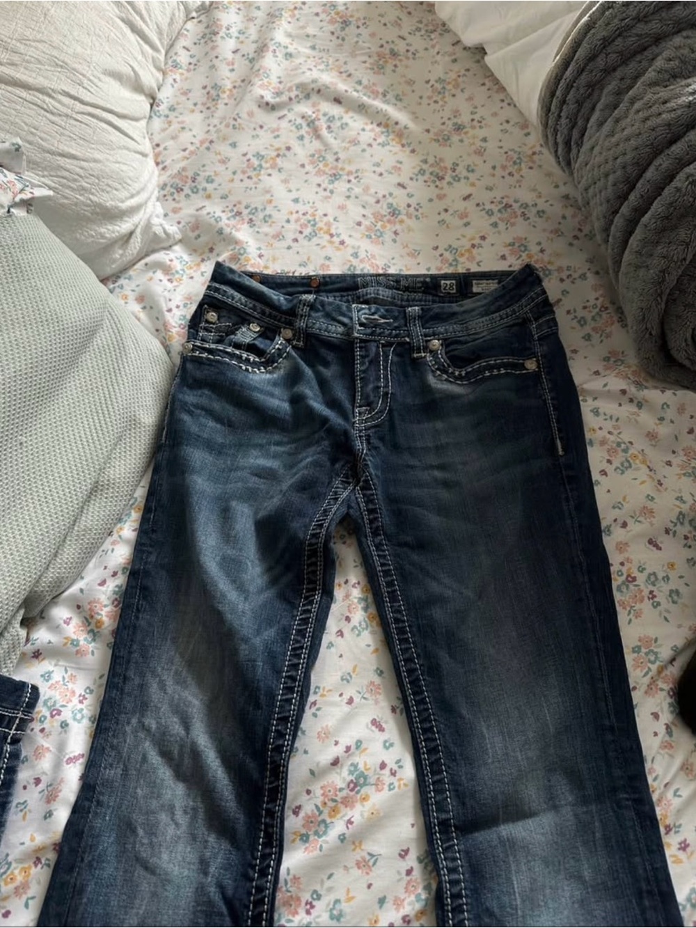 Miss Me Dark Blue Boot Cut Jeans with Contrast Stitching
